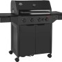 Czarny grill gazowy z półkami bocznymi i szafką.