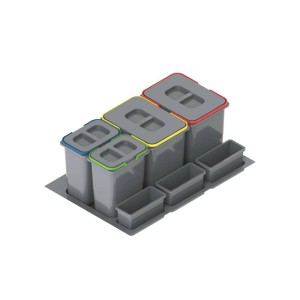 Szary system organizacji kuchennej t.b.t. z kolorowymi pokrywkami i pojemnikami.