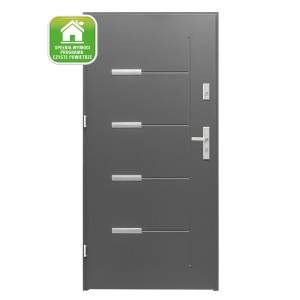 Nowoczesne, szare drzwi zewnętrzne z srebrnymi akcentami i znakiem ekologicznym.