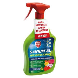 t.b.t. Środek na mszyce w zielonej butelce z rozpylaczem i czerwoną końcówką.