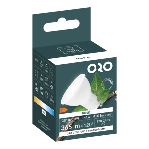 Opakowanie żarówki LED ORO GU10, 5W, 4000K, ze szczegółami technicznymi.