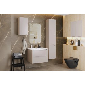 Nowoczesny zestaw mebli łazienkowych t.b.t. z szafką pod umywalkę, szafką lustrzaną i szafką wiszącą w kolorze beżowym.