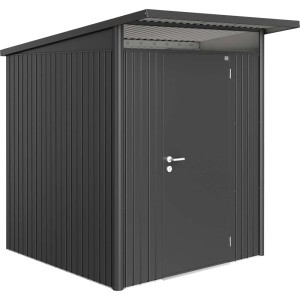Antracytowy metalowy domek narzędziowy z drzwiami i okapem.