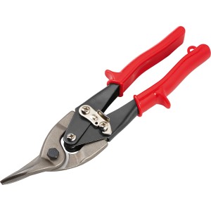 Nożyce do blachy t.b.t. z czerwonymi uchwytami.