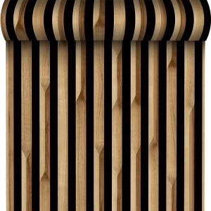 Tapeta dekoracyjna z drewnianymi i czarnymi paskami.
