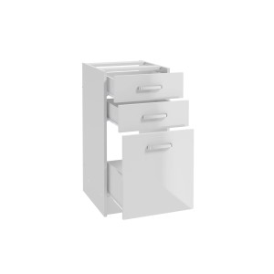 Biała szafka kuchenna dolna z trzema szufladami i jednymi drzwiami, część zestawu mebli kuchennych.