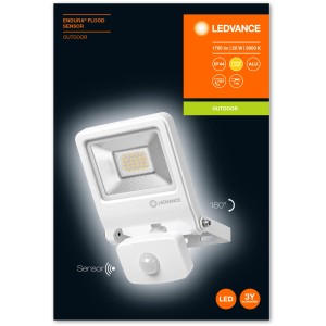Biała lampa zewnętrzna LED Ledvance Endura Flood z czujnikiem, 20W, ciepłe białe światło.