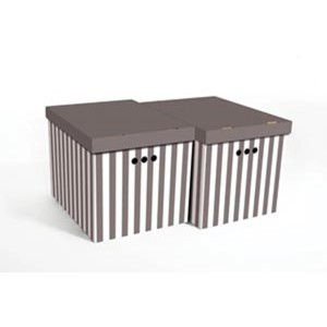 Dwa pudełka kartonowe t.b.t. w paski z pokrywkami do przechowywania.