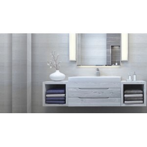 Nowoczesna łazienka z szafką pod umywalkę, lustrem i ręcznikami.