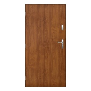 Brązowe drzwi zewnętrzne z srebrną klamką i zamkiem.