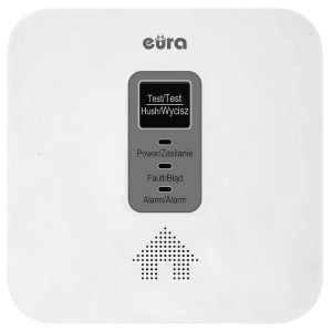 Biały sygnalizator alarmowy t.b.t. z wyświetlaczem i przyciskami do testowania, wyciszania, zasilania, błędu i alarmu.