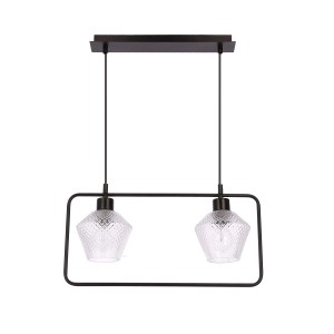 Nowoczesna lampa wisząca t.b.t. z dwoma kloszami z przezroczystego szkła i czarną ramą.