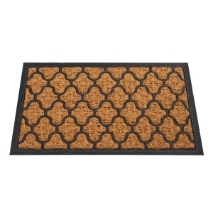Wycieraczka z włókna kokosowego z czarną wzorzystą ramą. Wycieraczki do strefy wejściowej.