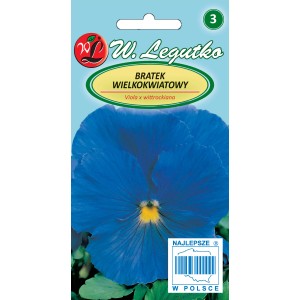 Opakowanie nasion bratka (Viola x wittrockiana) w kolorze niebieskim do kolorowych rabat kwiatowych.