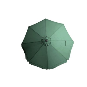 Zielony parasol na wysięgniku widziany z góry, idealny na słoneczne dni w ogrodzie lub na tarasie.