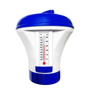 Niebiesko-biały pływak dozujący z termometrem do pielęgnacji basenu.