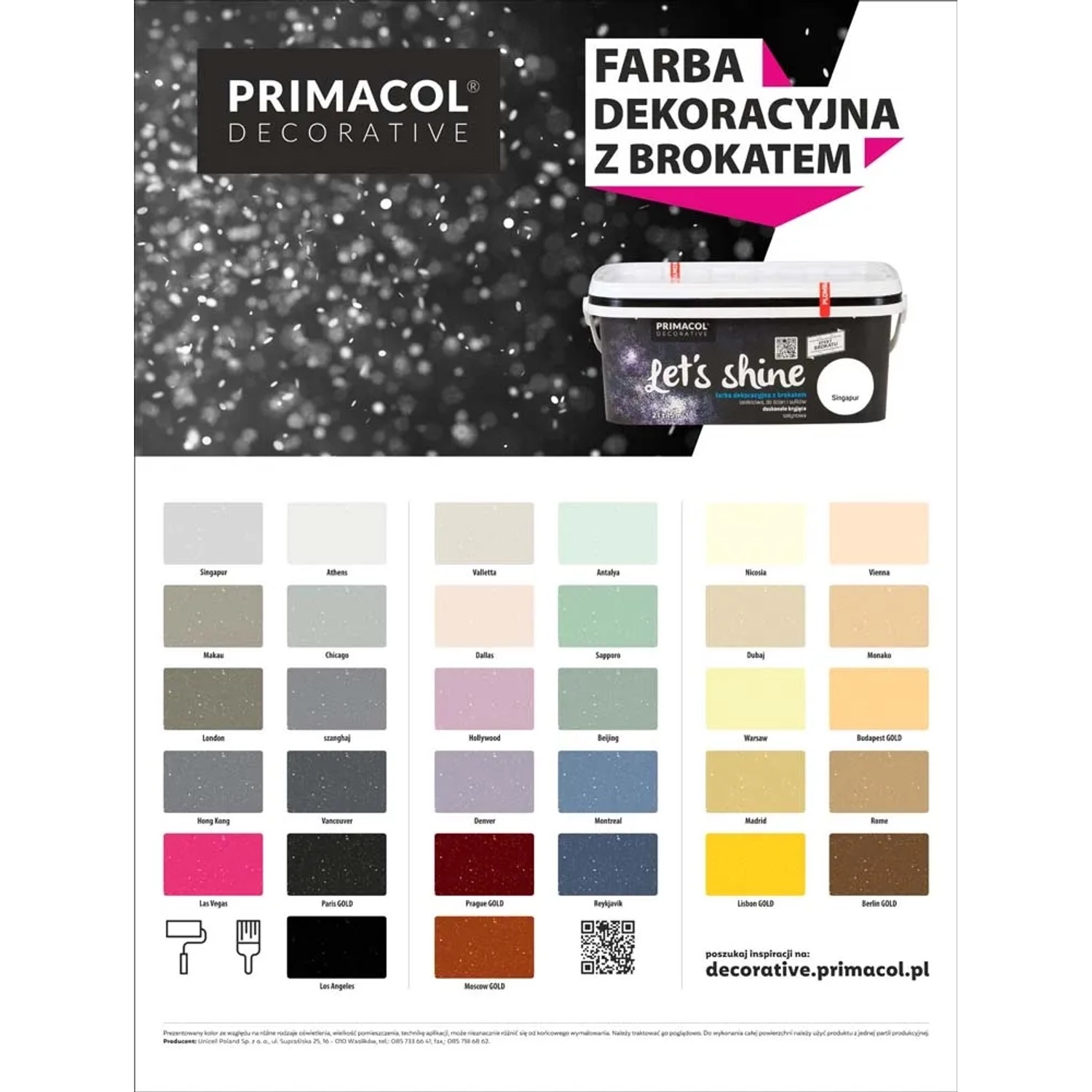 Wzornik kolorów i wiadro farby efektowej z brokatem Primacol Decorative.