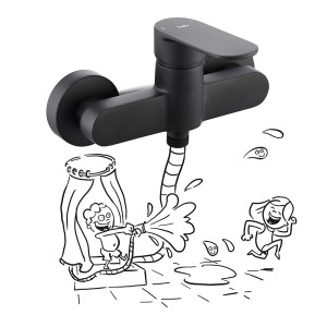 Czarna bateria prysznicowa t.b.t. ze stylizowanym rysunkiem dziecięcym w tle.