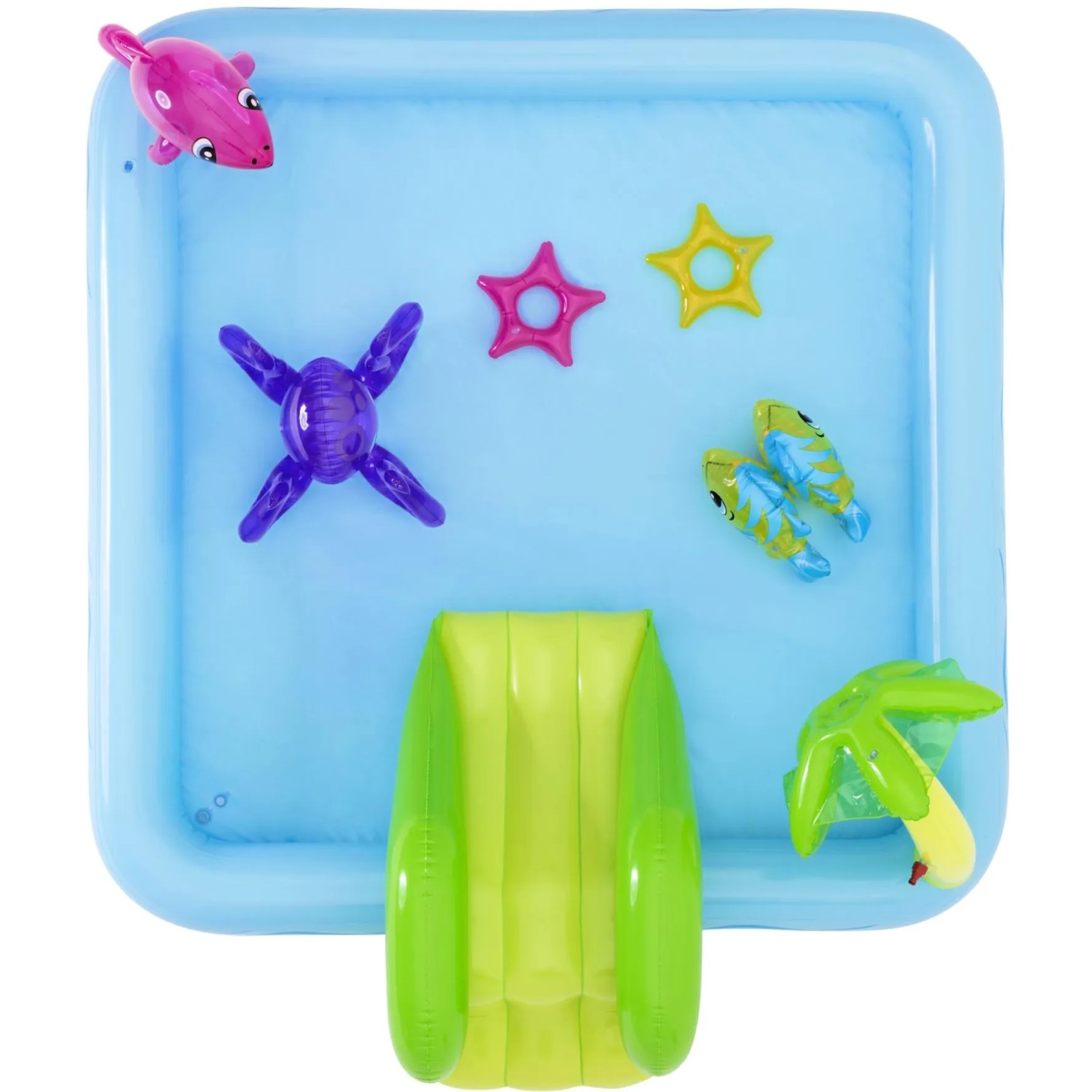 Bestway Wodne Centrum Zabaw Aquarium ze zjeżdżalnią, delfinem, rybami i palmą. Zabawa dla dzieci.