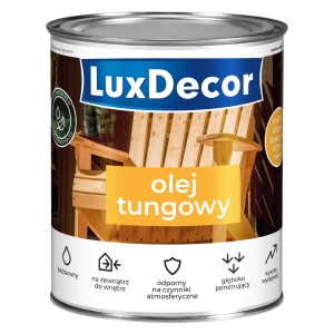 Olej tungowy LuxDecor do drewna, bezbarwny, do mebli, płotów, drzwi i okien.