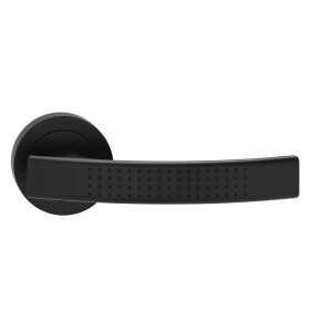 Czarna klamka do drzwi z okrągłą rozetą i kropkowanym uchwytem.