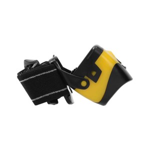 Żółto-czarna latarka czołowa z regulowaną, elastyczną opaską.