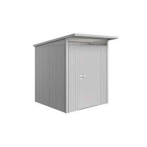 Szara metalowa szopa narzędziowa z drzwiami. Idealna do przechowywania narzędzi ogrodowych.