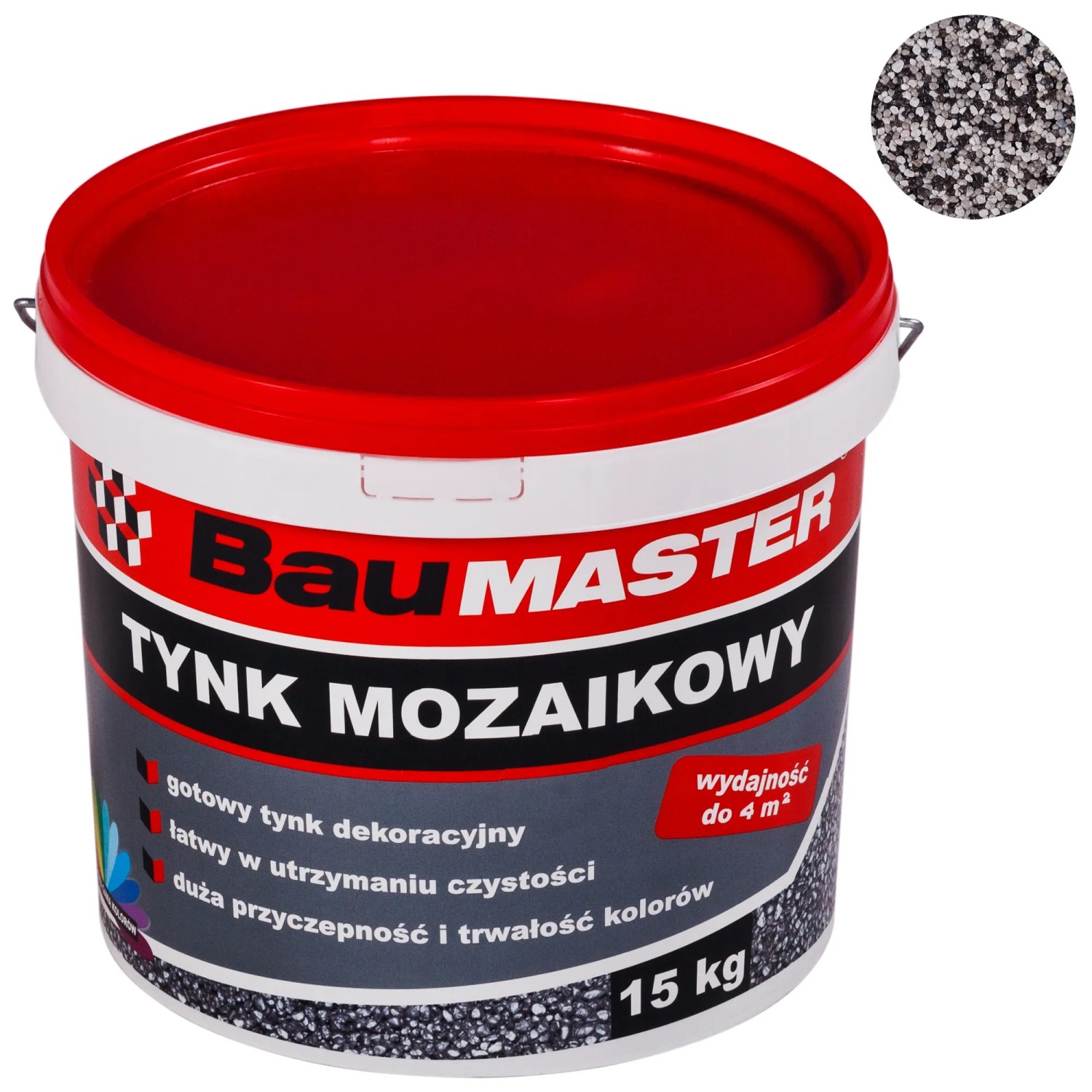 Wiadro tynku mozaikowego (Tynki) BauMASTER, 15 kg. Dekoracyjny tynk strukturalny do wnętrz i na zewnątrz.