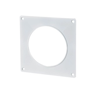 Biała płyta łącząca kanały i złączki t.b.t. z okrągłym otworem i otworami montażowymi.