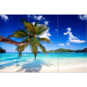 Dekoracyjny obraz na ścianę: Tropikalna plaża z palmami i błękitnym niebem.