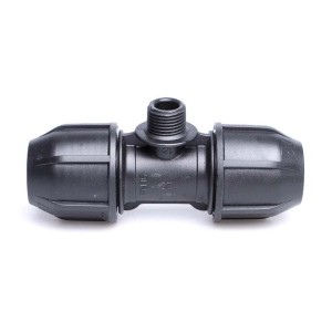 Czarny trójnik do nawadniania podziemnego, z gwintowanym przyłączem.