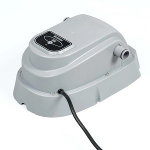 Podgrzewacz do basenu Bestway, szara pompa ciepła z wyświetlaczem cyfrowym i czarnym kablem zasilającym.