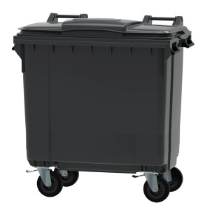 Szary pojemnik na odpady t.b.t. z pokrywą i kółkami dla łatwego usuwania odpadów.