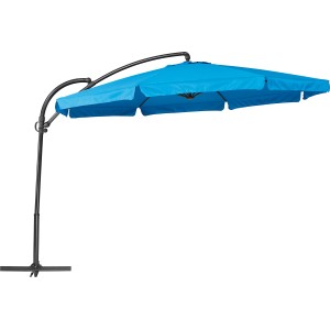 Niebieski parasol Cocoa Beach, Ø 350 cm, z korbą i antracytową ramą.