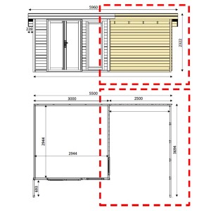 Rysunek techniczny domku drewnianego t.b.t. z wymiarami.