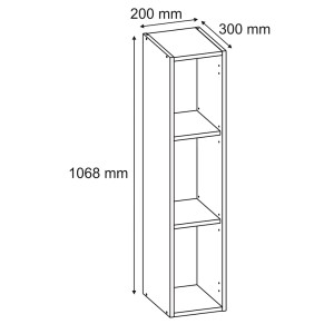 Szkic wąskiej, białej szafki z trzema otwartymi przegródkami i wymiarami.
