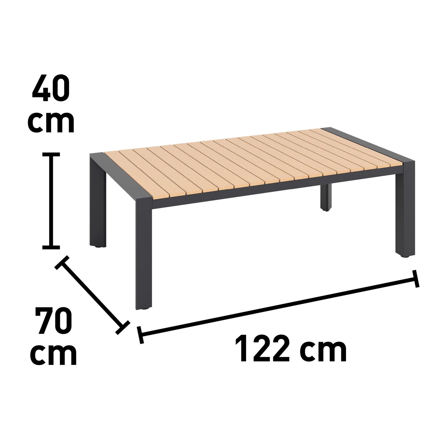 Stolik kawowy z zestawu wypoczynkowego Branford, aluminium/stal, wygląd drewna, wymiary 122x70x40 cm