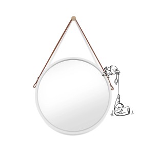 Okrągłe białe lustro (Ø 50 cm) z zawieszeniem na skórzanym pasku. Dekoracyjny design.