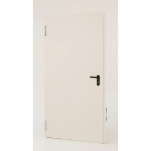 Białe drzwi stalowe z czarną klamką, widok z przodu.