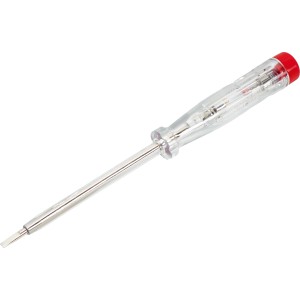 Próbnik napięcia, 100 mm, z przezroczystą rączką i czerwoną nasadką. Narzędzie do testowania napięć.