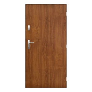 Brązowe drzwi zewnętrzne z srebrną klamką i zamkiem.