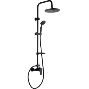 Czarna kolumna prysznicowa t.b.t. z deszczownicą i słuchawką prysznicową do kabiny.