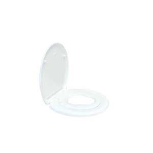 Biała deska sedesowa z siedziskiem dla dzieci, otwarta.