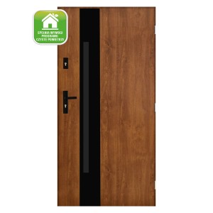 Brązowe drzwi zewnętrzne z czarnymi akcentami i okuciami.