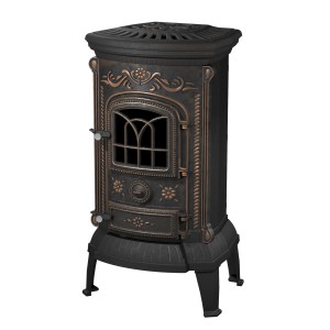 Dekoracyjny piec kominkowy w stylu antycznym z kwiatowymi ornamentami.