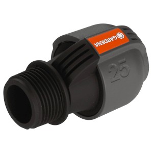 Złączka Gardena 25 mm x 25 mm z gwintem zewnętrznym do systemów nawadniania.