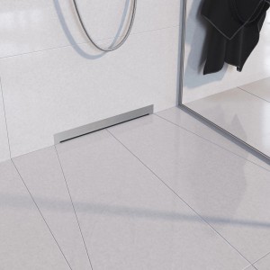 Elegancki, ścienny odpływ prysznicowy t.b.t. ze stali nierdzewnej w nowoczesnej łazience.