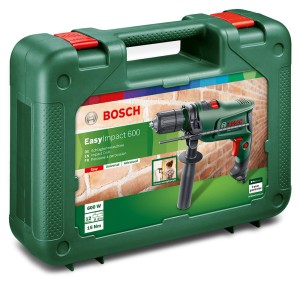Wiertarka udarowa Bosch EasyImpact 600 w zielonej walizce. Idealna dla majsterkowiczów.