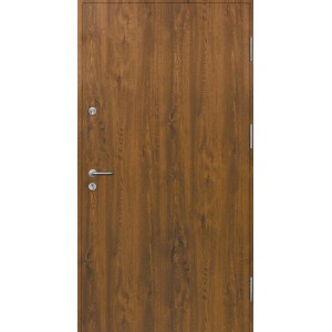 Brązowe drzwi zewnętrzne z drewnianą strukturą i srebrną klamką.