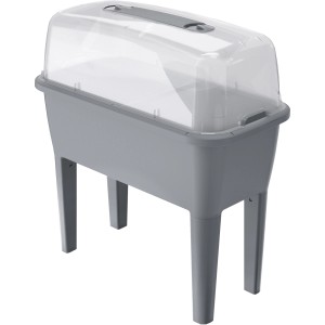 Kamiennoszara plastikowa grządka podwyższona 4 w 1 z przezroczystą pokrywą, idealna do ogrodu lub na balkon.